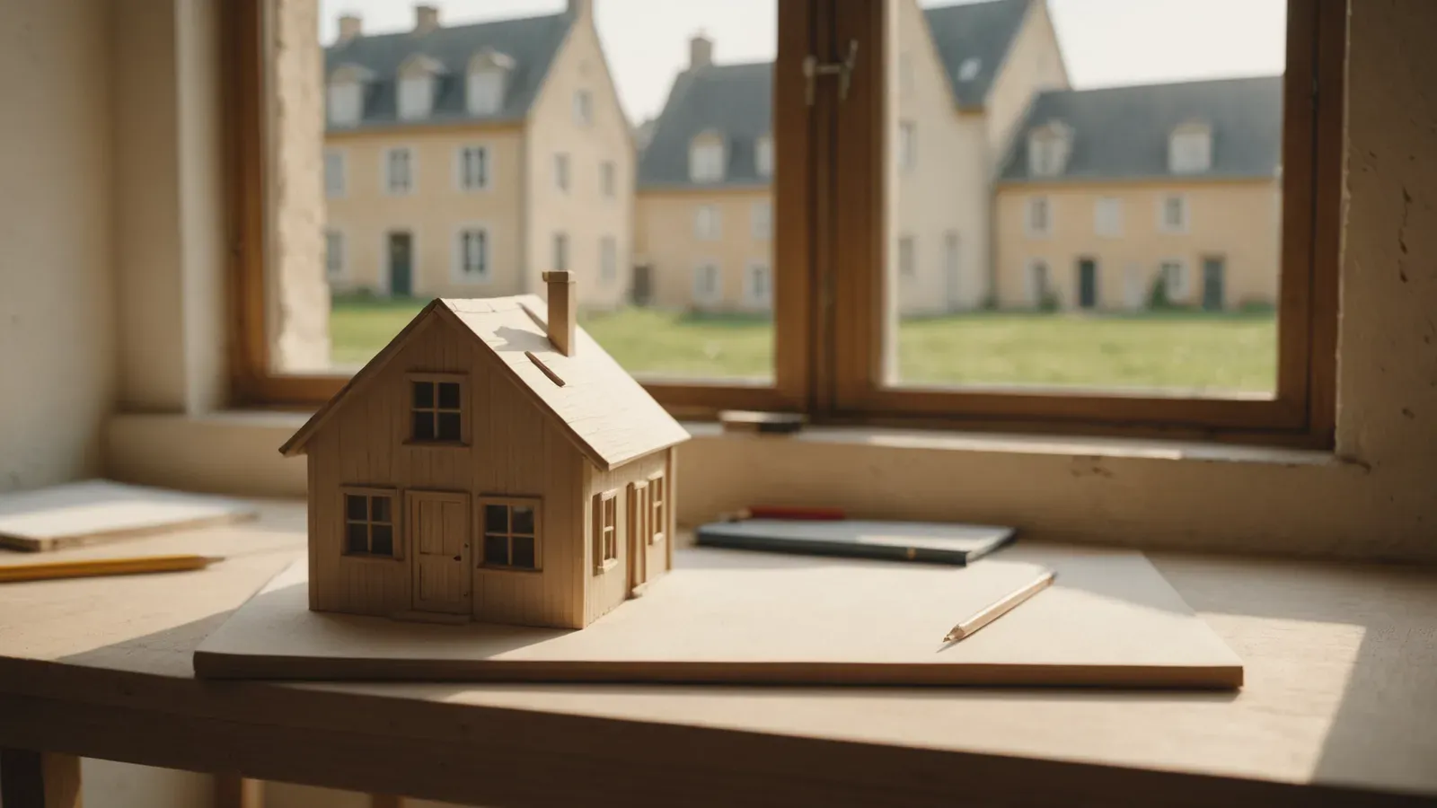 Maquette de maison en bois sur une table d'architecte à Caen, plans vierges roulés et crayon, dans la lumière du matin