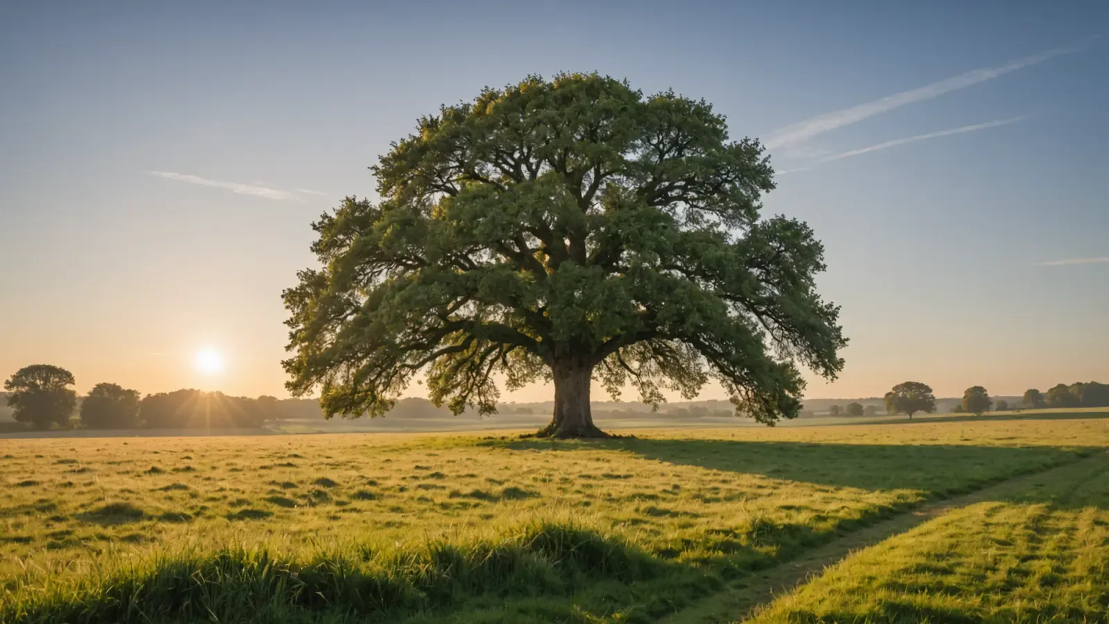 Vieux chêne isolé dans une prairie du Perche au lever du soleil, rosée sur l'herbe et longues ombres douces
