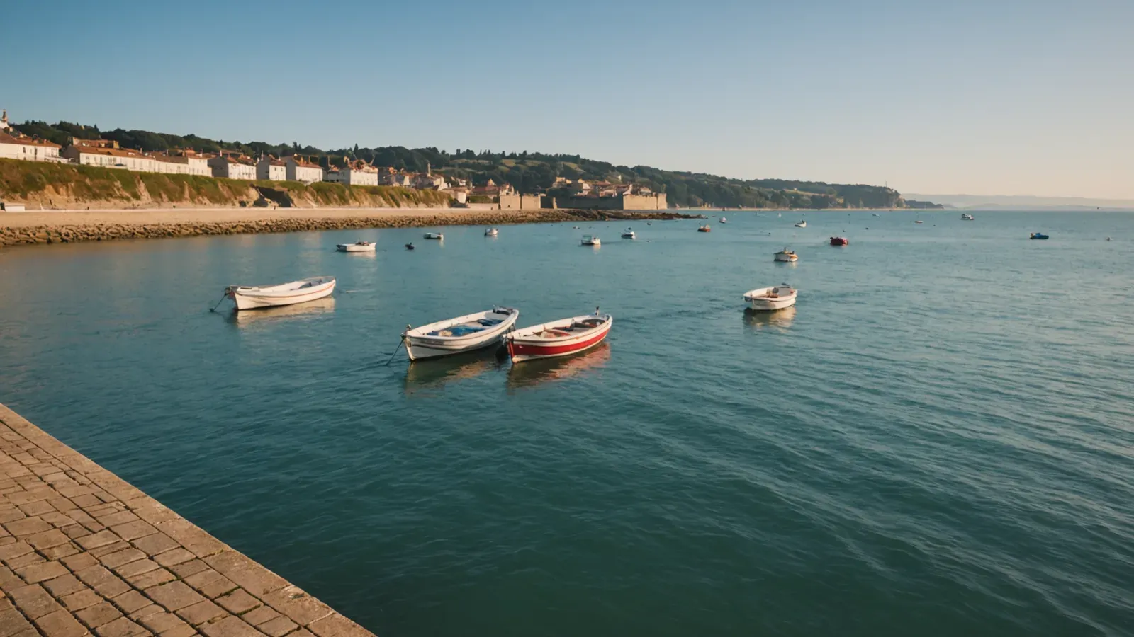 Quai de pierre à Saint-Jean-de-Luz au matin, petites barques au mouillage sur l'eau calme de la baie
