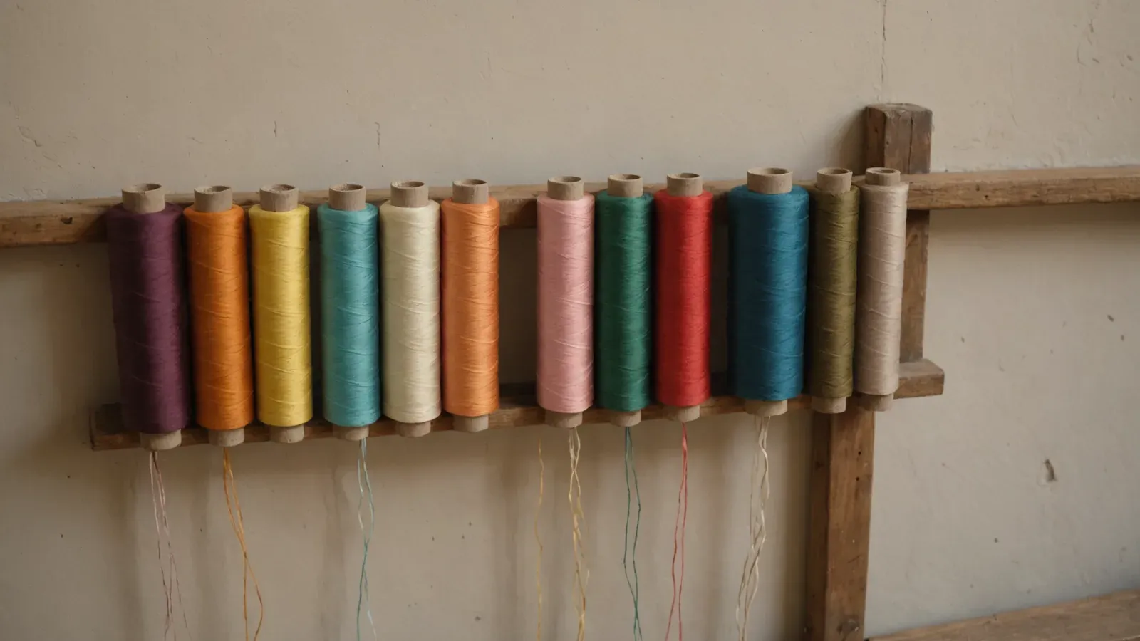 Douze bobines de soie de couleurs alignées sur une barre en bois contre un mur clair, dans un atelier de soierie lyonnais