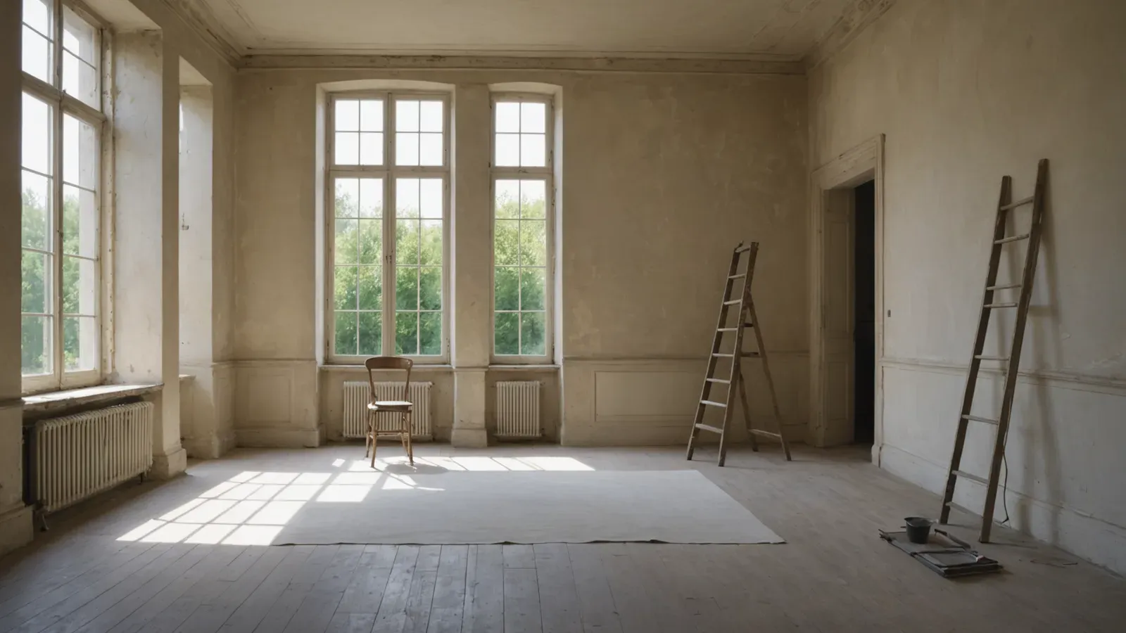 Séjour rénové et encore vide dans un immeuble ancien de Bordeaux, murs nus, escabeau, échelle et pot de peinture