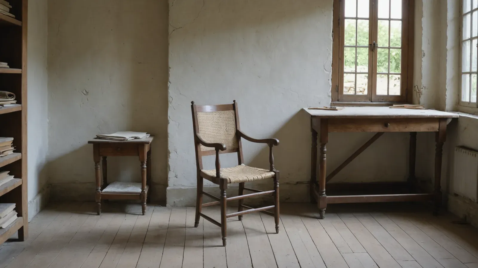 Chaise cannée en bois dans un vieil atelier de Nancy aux murs blancs nus, table de travail sous la fenêtre