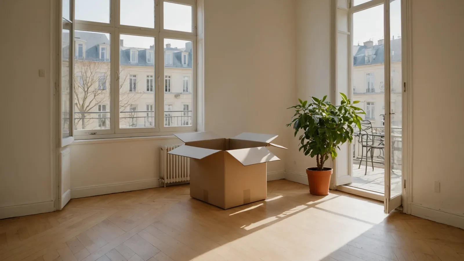Carton de déménagement ouvert dans un appartement nantais vide et ensoleillé, une plante en pot près de la porte-fenêtre
