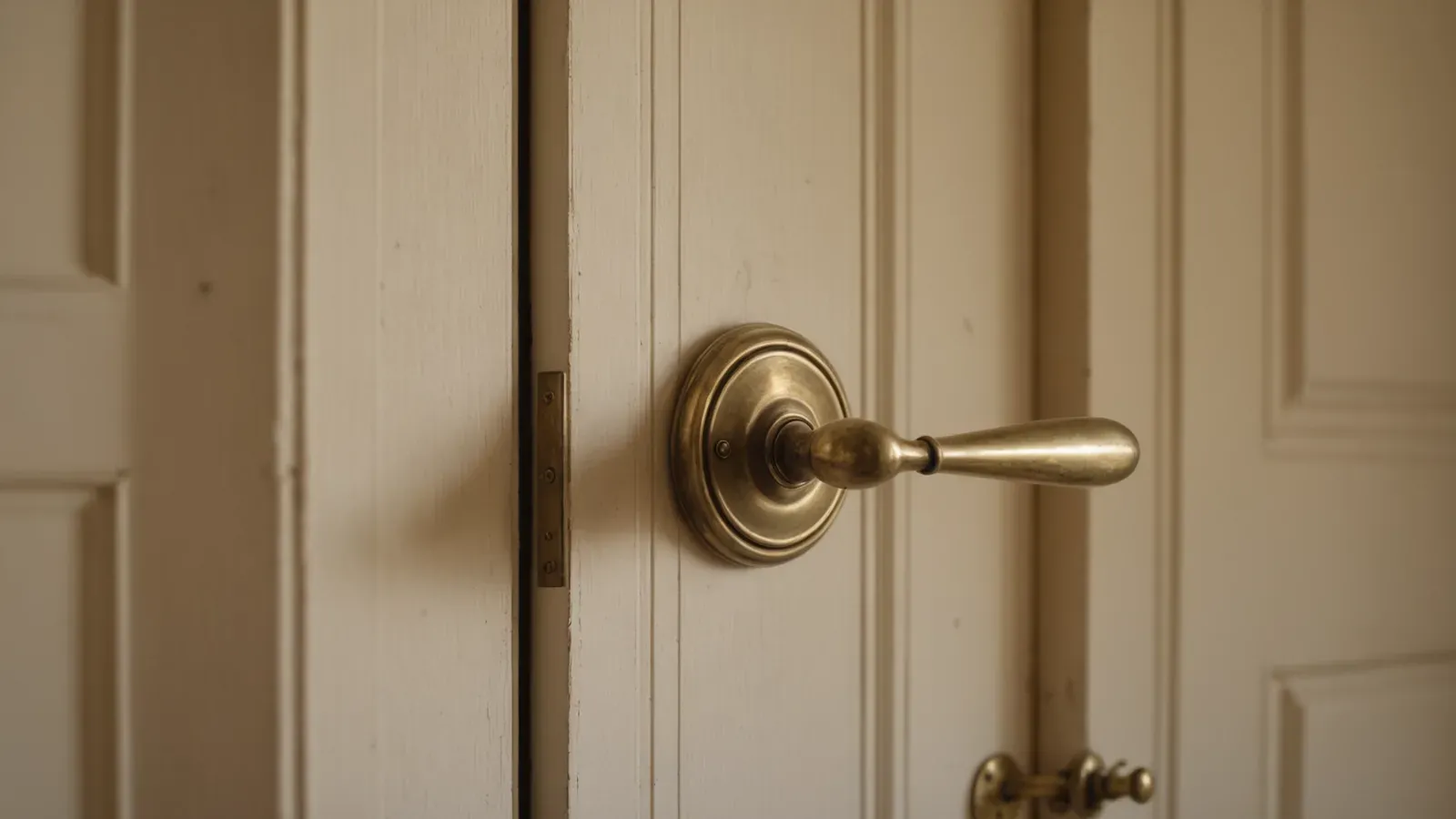 Poignée de porte en laiton, nette, sur une porte intérieure en bois peint d'une maison de Toulon, dans une lumière chaude