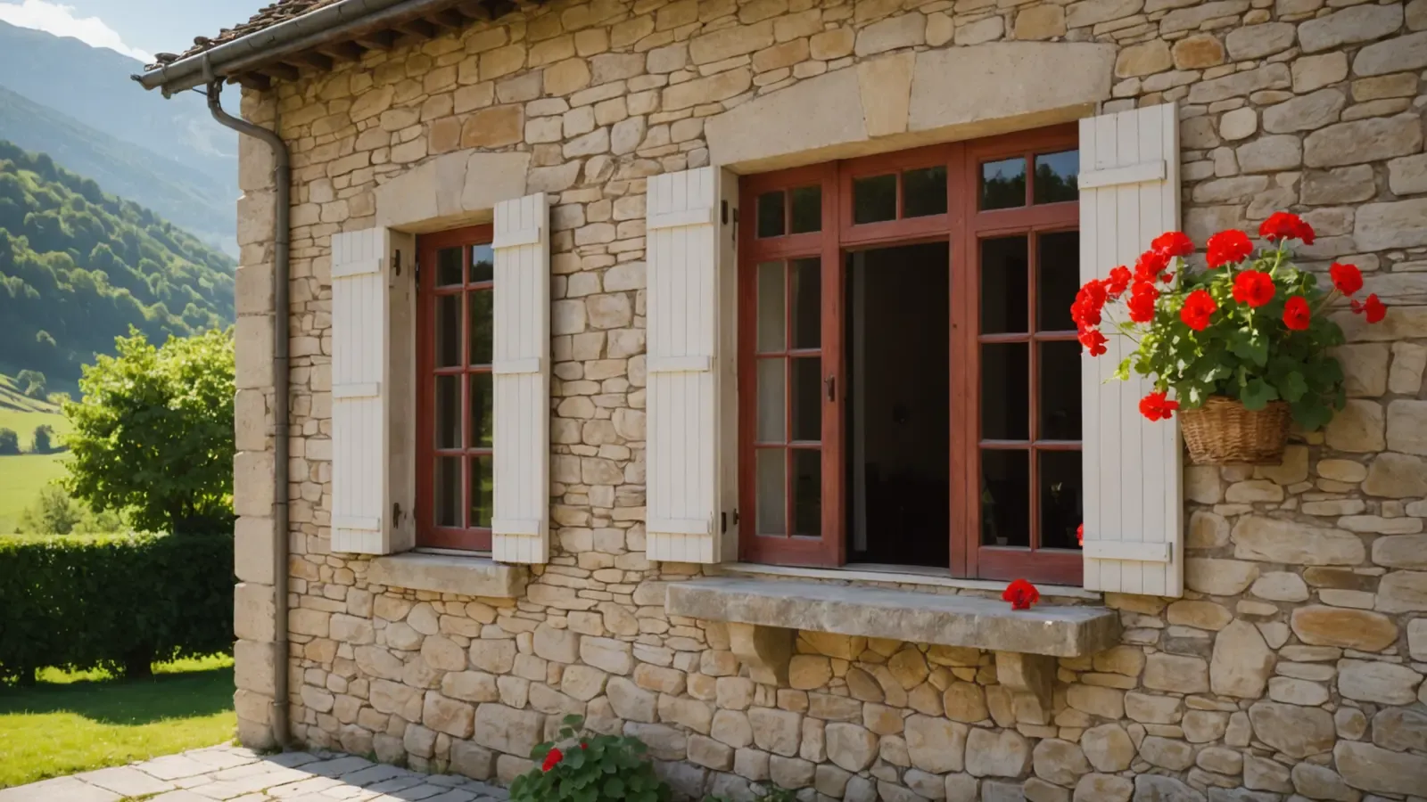 Volets en bois grands ouverts sur la façade d'une maison de pierre du Béarn, géraniums et Pyrénées au loin, au soleil du matin