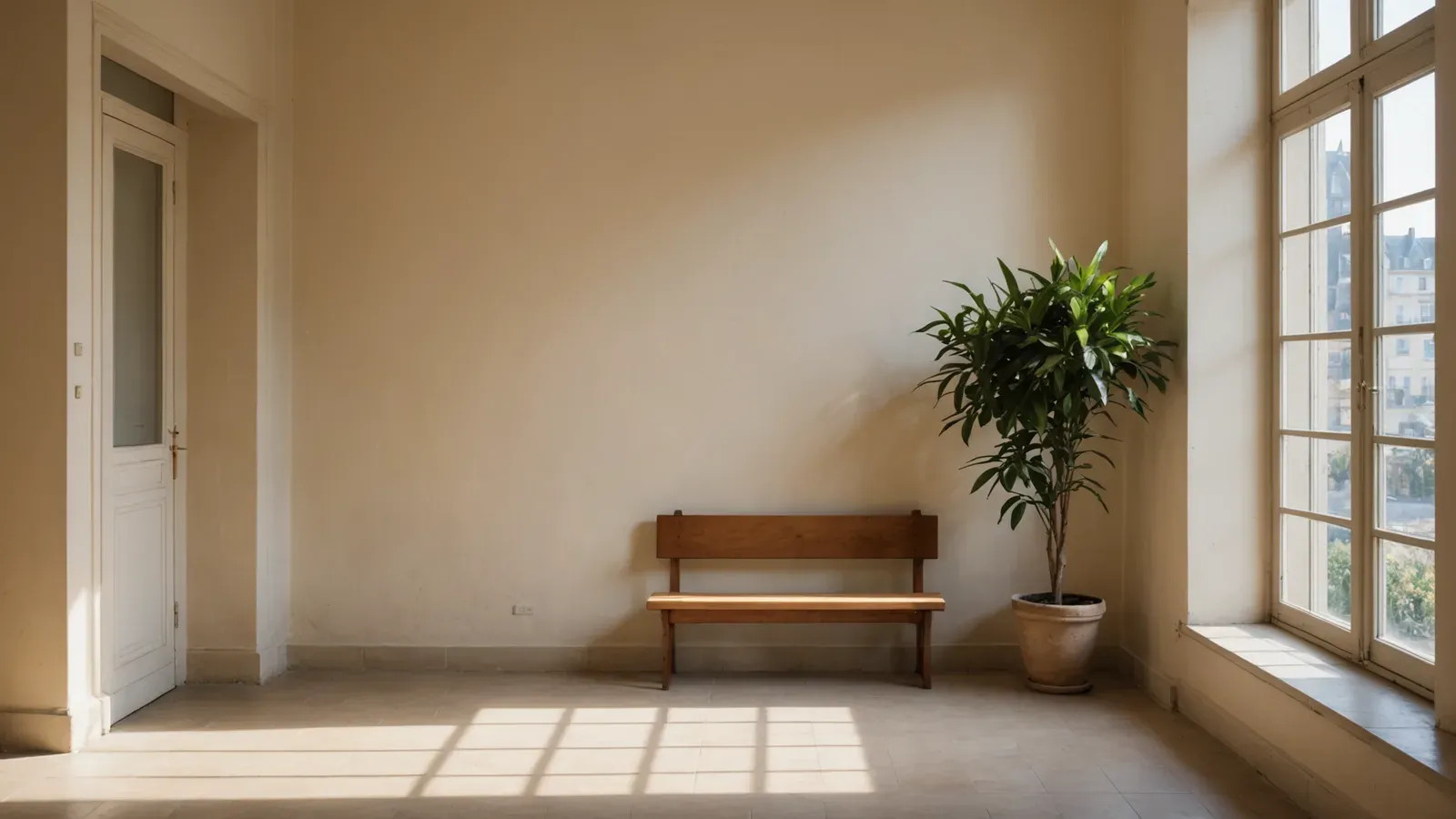 Banc en bois près d'une grande plante en pot dans une salle calme et ensoleillée d'un bâtiment public au Mans