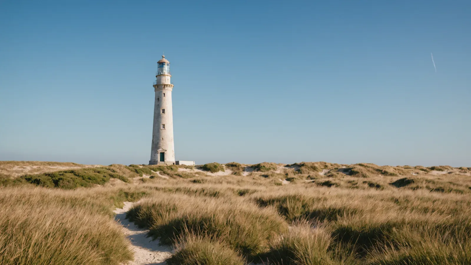 Phare blanc de l'île de Ré dressé contre un ciel bleu dégagé, herbes des dunes au premier plan, atmosphère calme