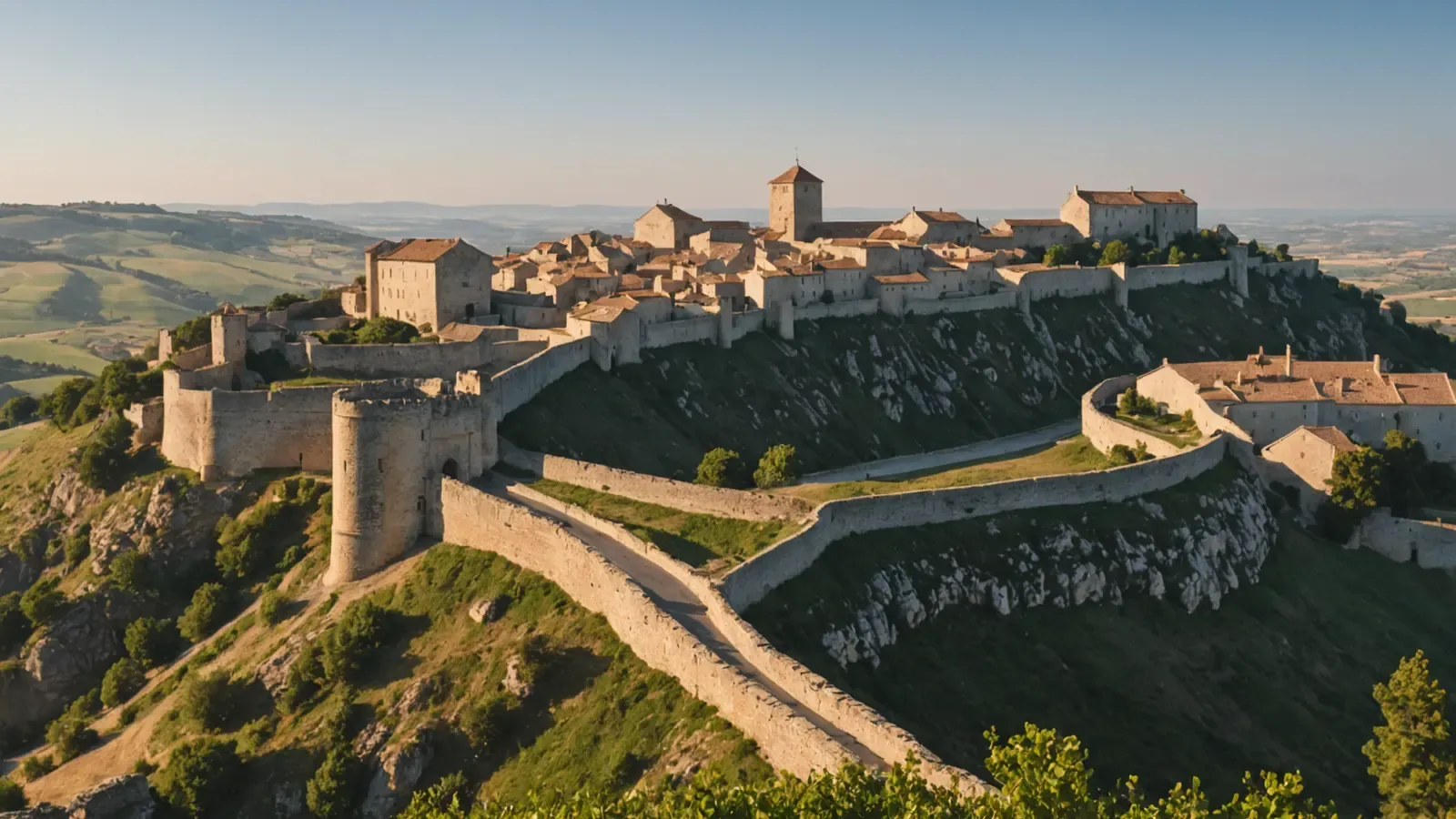 Remparts de pierre massifs et tour ronde d'une cité fortifiée perchée en Occitanie, sous un ciel clair du matin