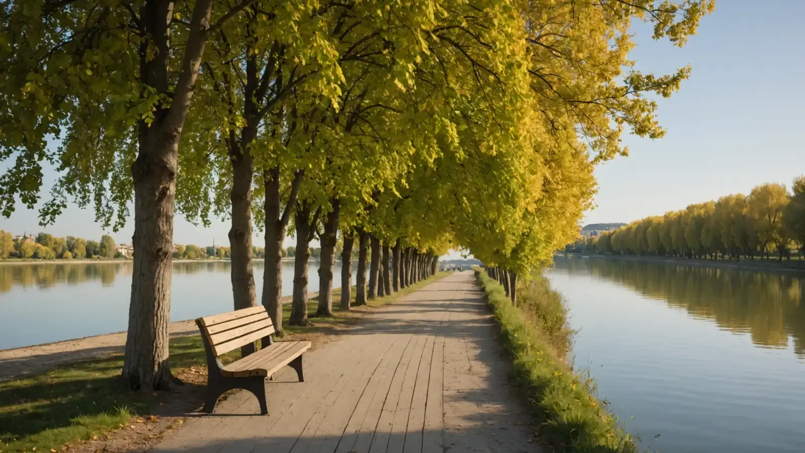 Chemin calme au bord du Rhône à Valence au matin, banc en bois et rangée d'arbres reflétés dans l'eau