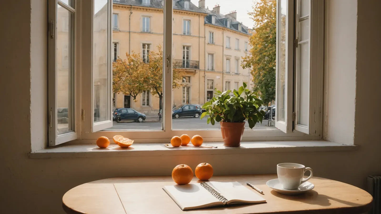 Table de cuisine en bois près d’une grande fenêtre d’un appartement lyonnais en automne, carnet ouvert vierge, tasse de thé et clémentines