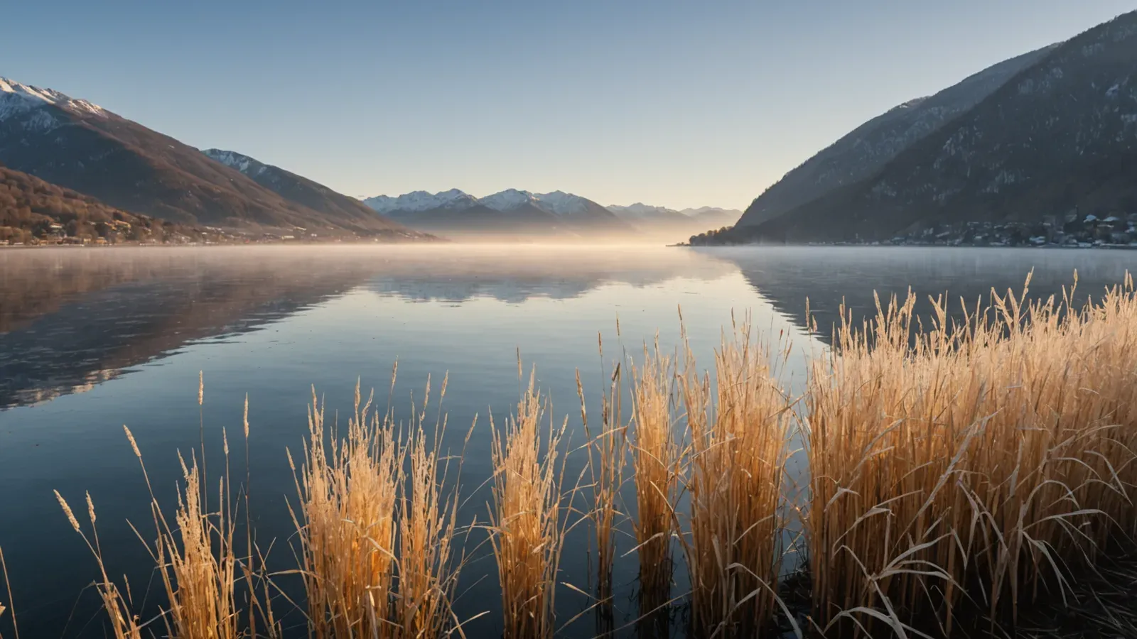Roseaux dorés au bord du lac du Bourget à l'aube, en janvier, brume sur l'eau et montagnes enneigées au loin