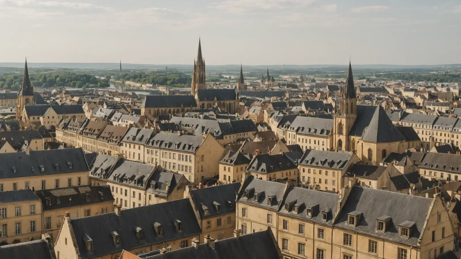 Vue sur les toits d'ardoise et la pierre jaune de Metz, clochers et campagne au loin, par un jour clair